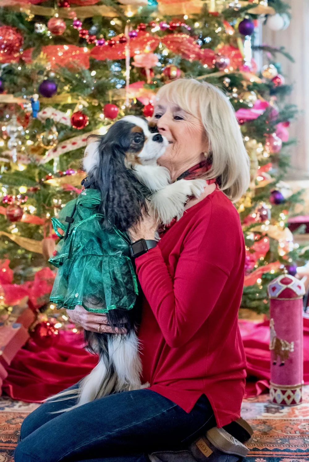 A woman in a red sweater joyfully holds a small dog dressed in a green outfit, with a decorated Christmas tree in the background.